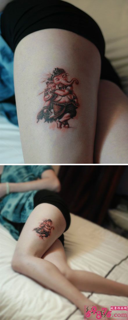 可爱小象神长腿纹身图片