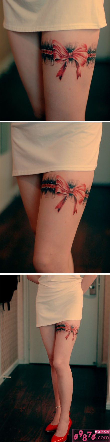 性感蕾丝蝴蝶结大腿纹身图片