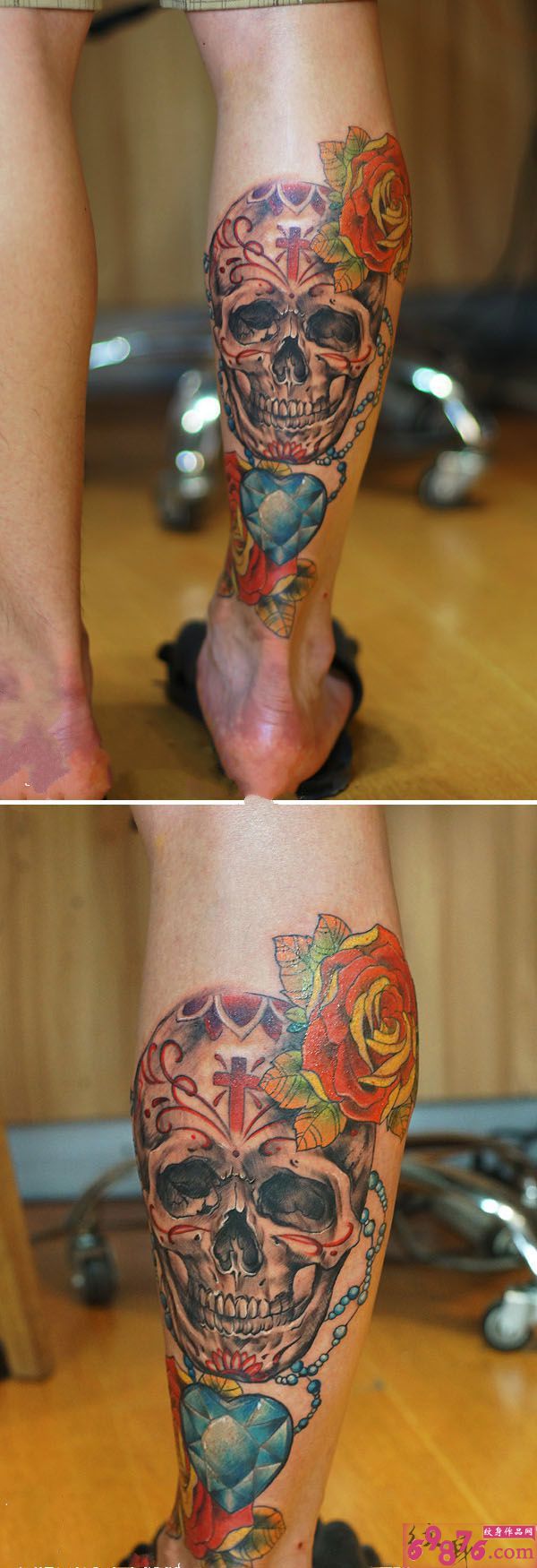 欧美骷髅亡灵与钻石花腿纹身图片