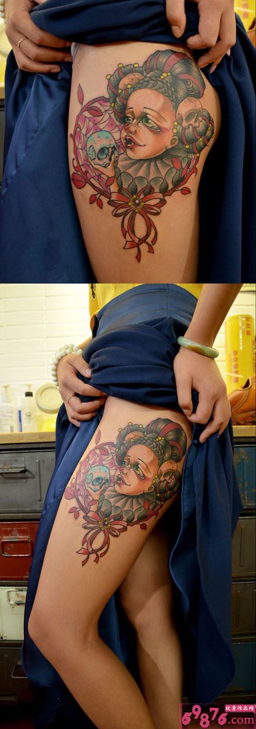 创意骷髅美女小丑大腿纹身图片