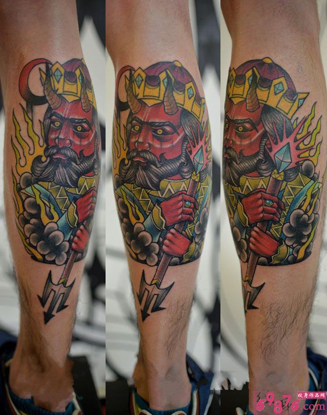 创意牛魔王皇冠花腿纹身图片