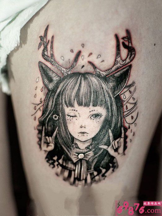 素描精灵大腿创意纹身图片