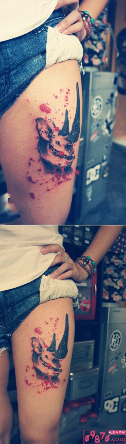 创意犀牛骷髅个性大腿纹身图片