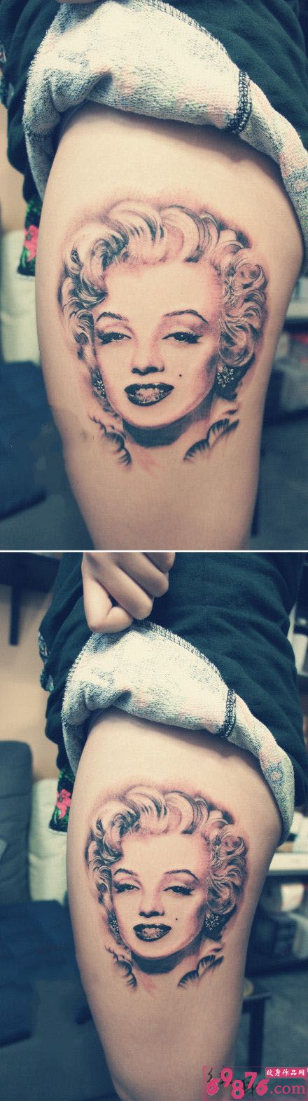 性感梦露头像腿部纹身图片