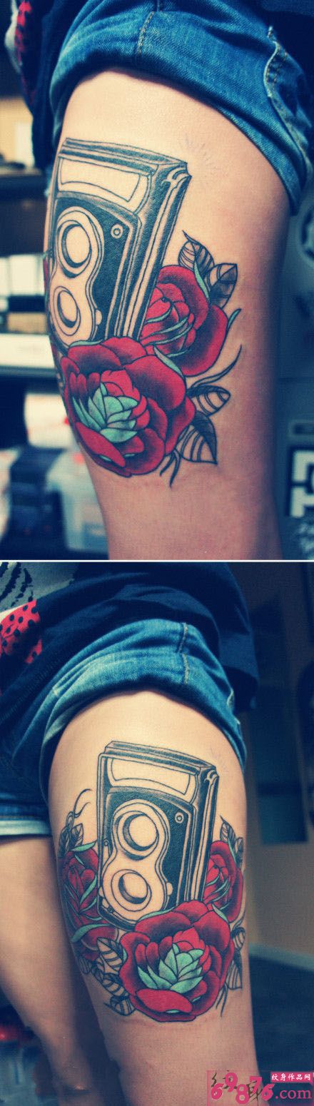 复古录音机带玫瑰大腿纹身图片