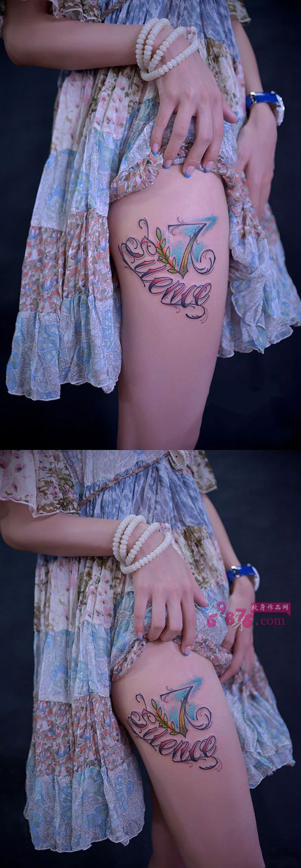 时尚数字与英文个性美腿纹身图片