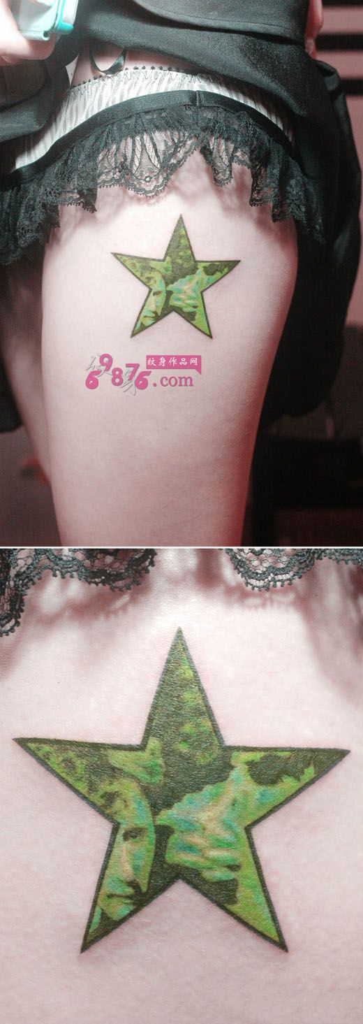 时尚绿色星星创意大腿纹身图片
