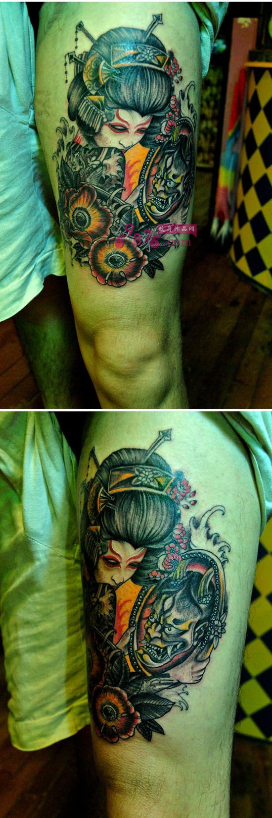 个性复古艺妓大腿纹身图片