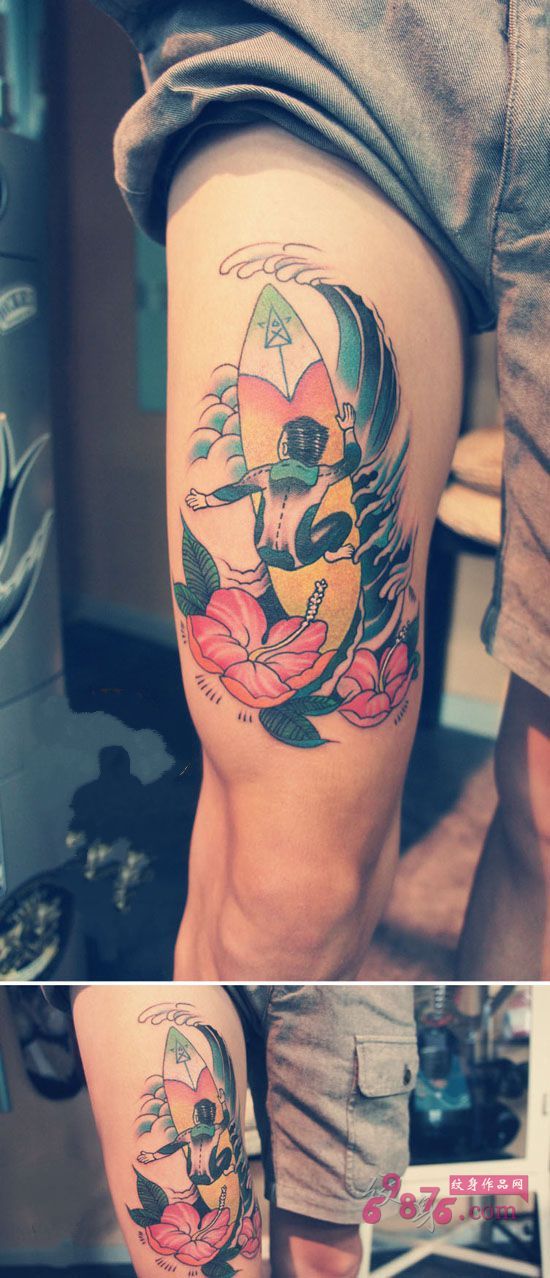 个性冲浪大腿时尚纹身图片