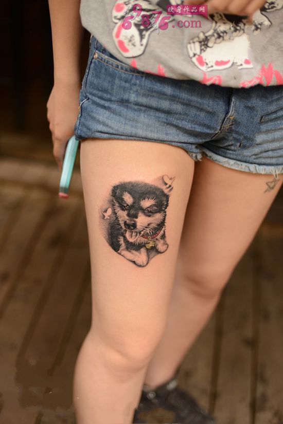 女生大腿可爱狗狗头像纹身图片