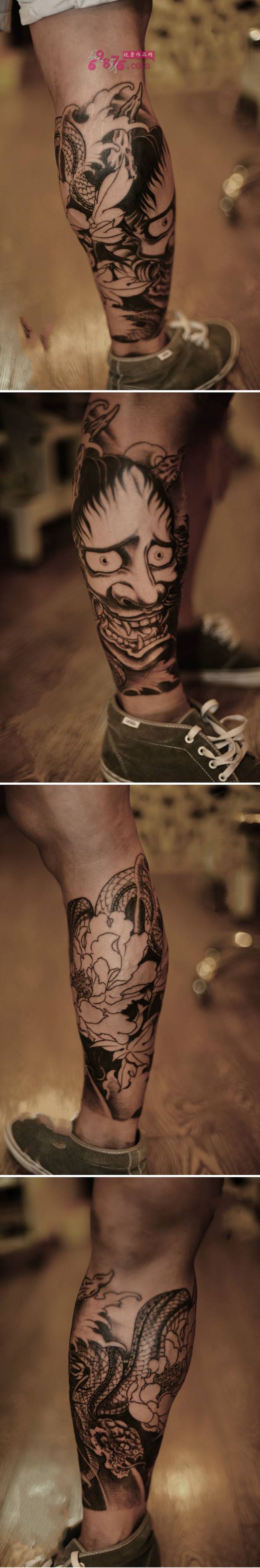 传统般若牡丹花小腿纹身图片