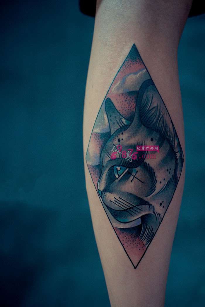 创意黑猫头像小腿纹身图片