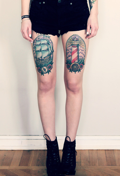 美腿帆船灯塔时尚纹身图片