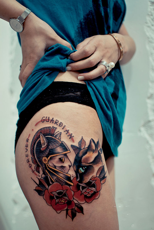 个性喵星人骑士大腿纹身图片