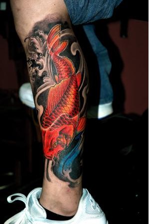 古惑仔小腿鲤鱼莲花纹身手稿图片
