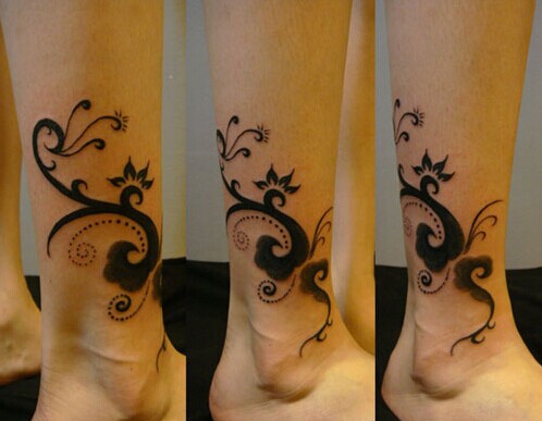女生腿部唯美纹身图案 雕之花图片