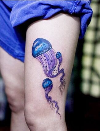 女孩子性感腿部彩色水母纹身图案图片