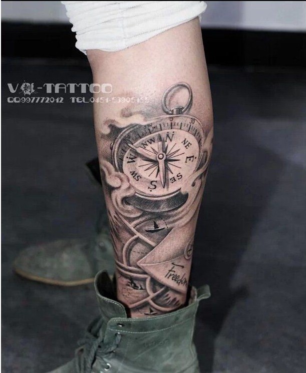腿部指南针罗盘纹身图案图片