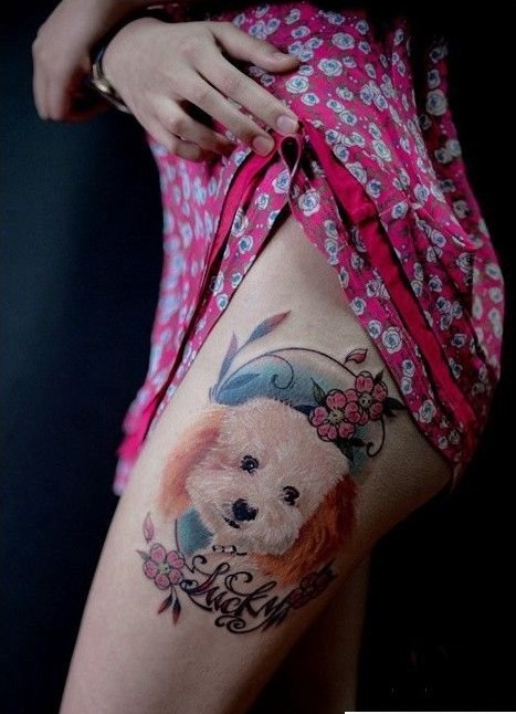 大腿宠物狗纹身图案图片