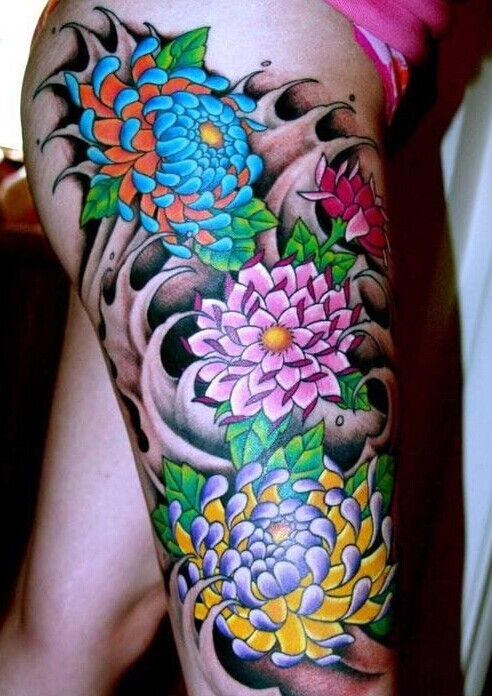 腿部彩色牡丹文身作品图片
