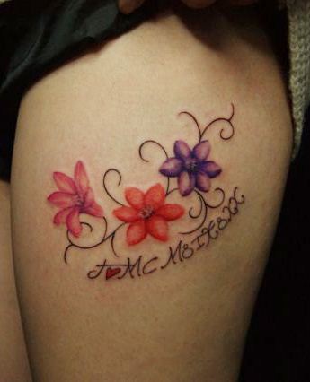 女孩大腿水仙花字母纹身图案图片