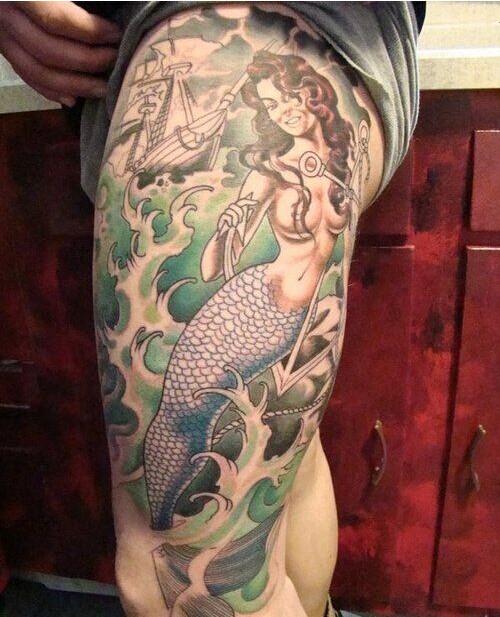 腿部彩色美人鱼纹身图案图片