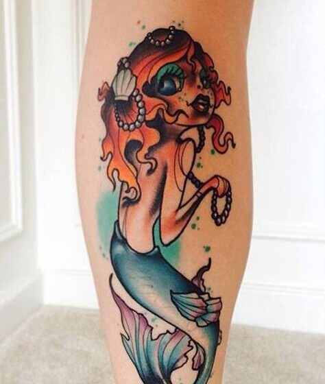 腿部个性美人鱼纹身图案图片