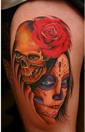 腿部经典潮流的亡灵装美女纹身图图片