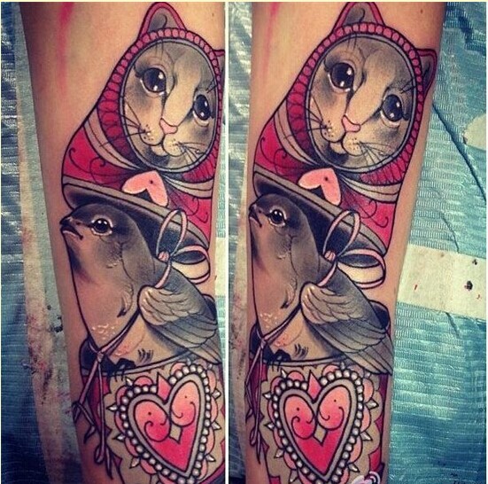 个性腿部猫咪套娃纹身图案欣赏图片