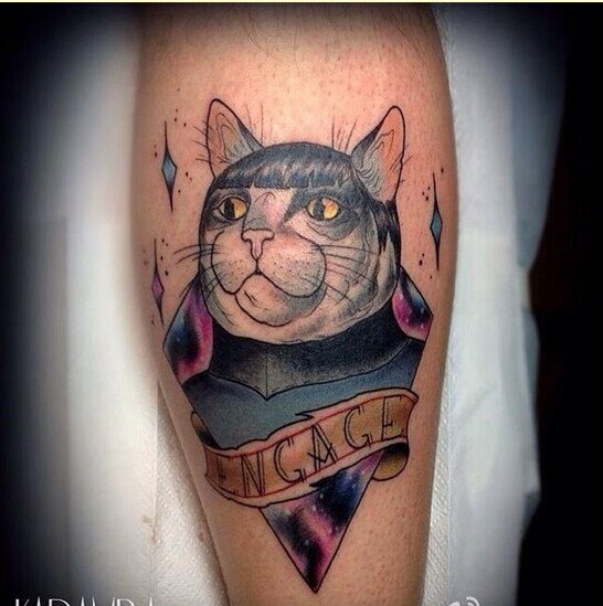 腿部个性时尚星空猫咪纹身图案图片