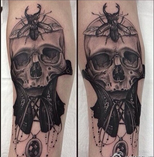 腿部潮流时尚骷髅头纹身图案欣赏图片
