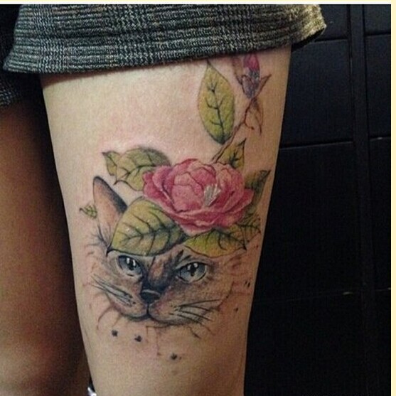 女性腿部时尚猫咪玫瑰花纹身图案图片