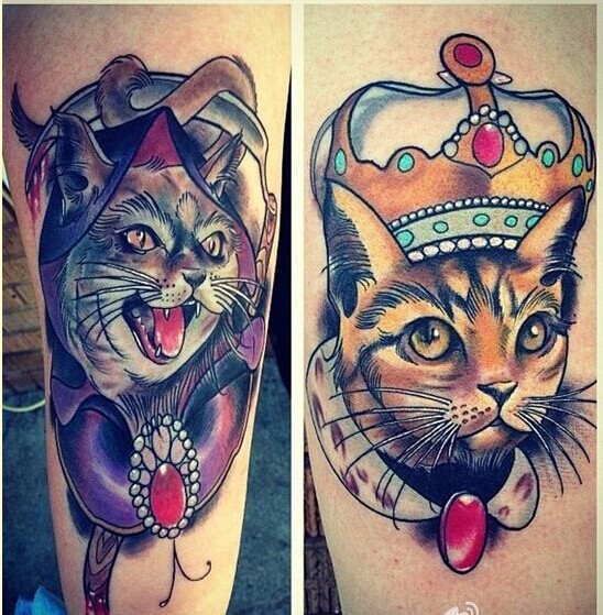 个性腿部彩色猫咪纹身图案图片