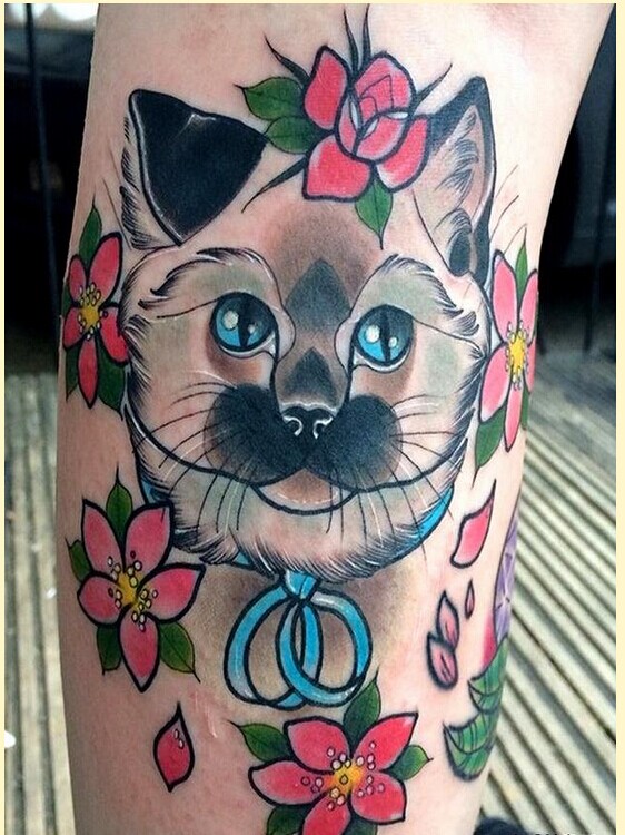 个性腿部漂亮猫咪花纹身图案图片