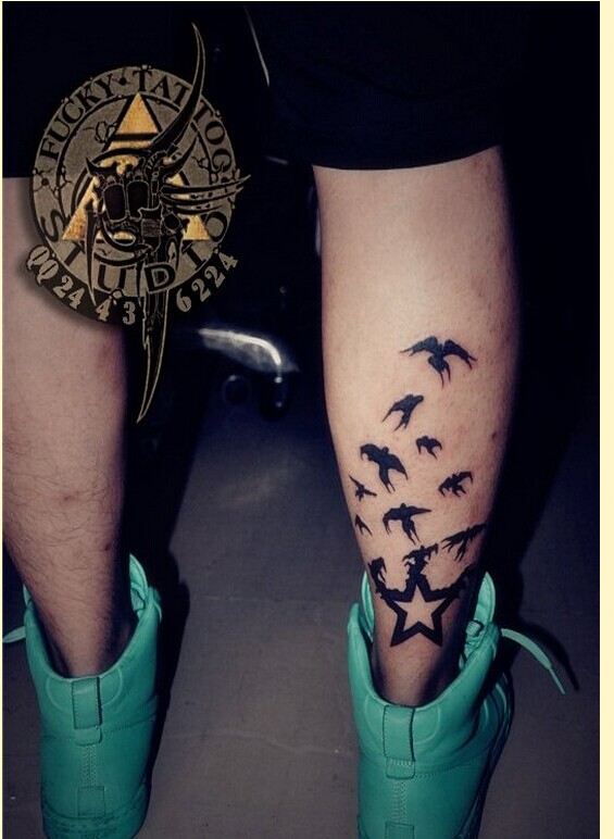 个性腿部时尚五角星鹰纹身图片图片