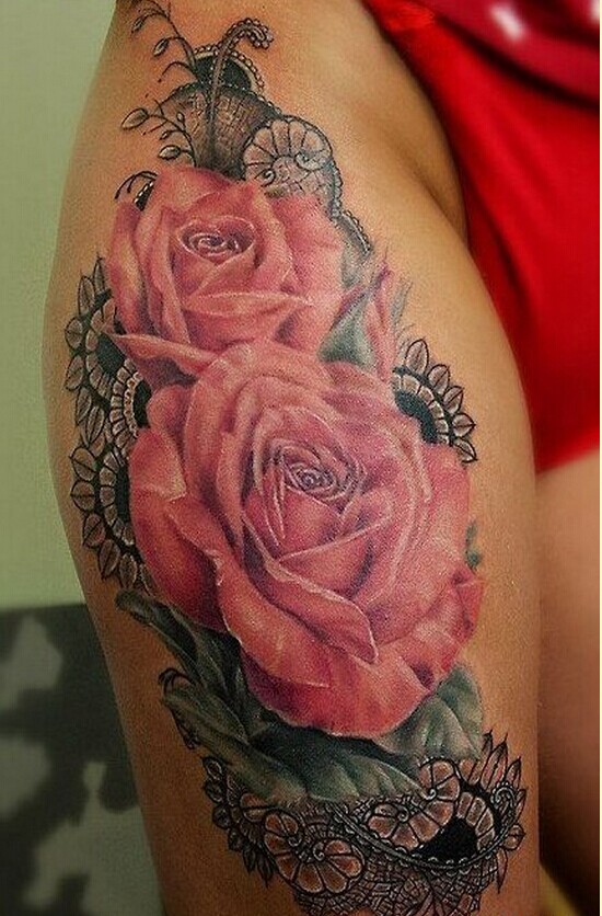 女性性感大腿漂亮花朵纹身图案欣赏图片