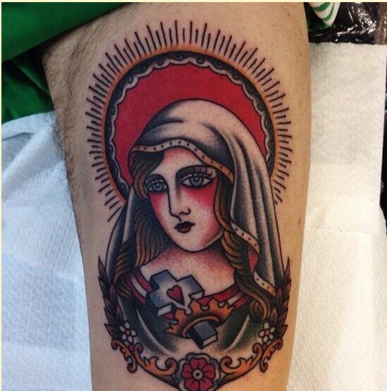 个性腿部圣母玛利亚纹身图案推荐图片
