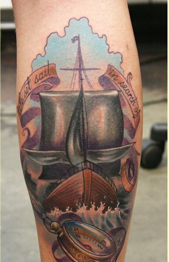 漂亮腿部时尚帆船纹身图案图片