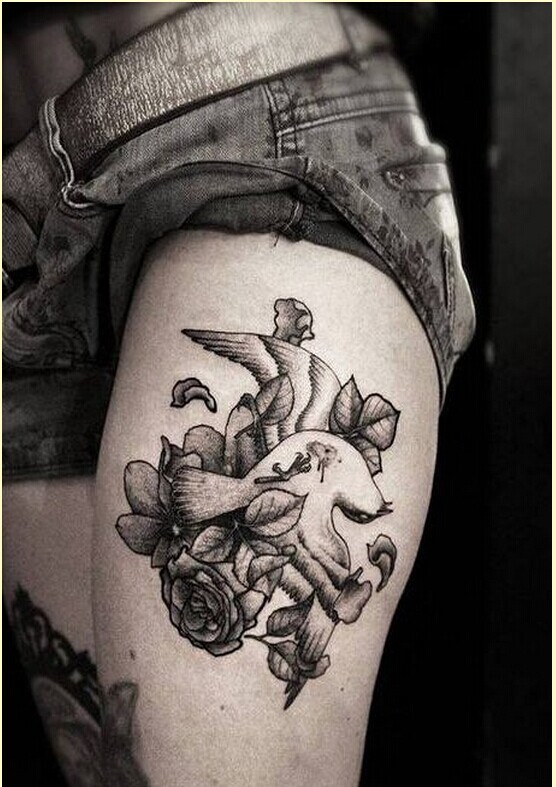 时尚女性腿部个性鸽子玫瑰纹身图案图片