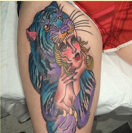 个性腿部时尚老虎女郎纹身图案图片