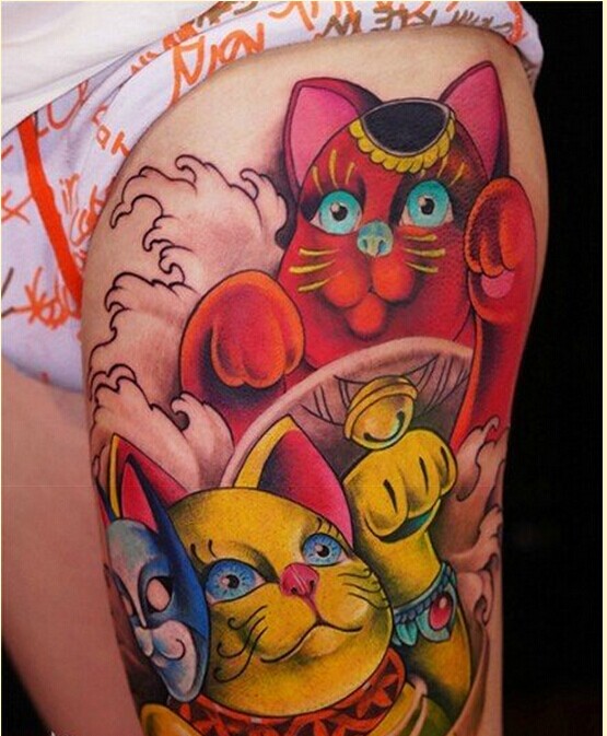 个性腿部漂亮彩色招财猫纹身图片图片