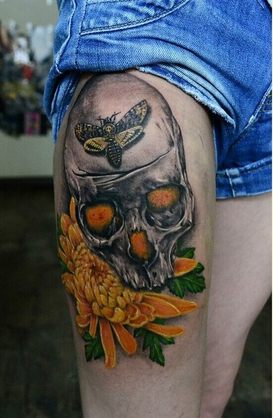个性腿部时尚骷髅菊花纹身图片图片
