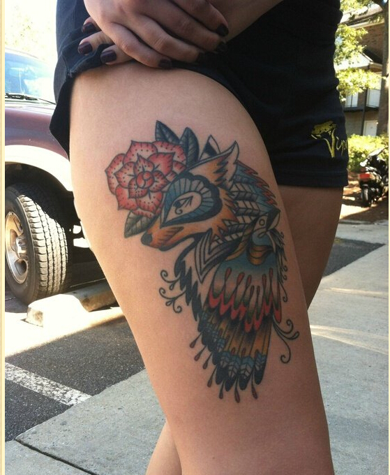 个性女性腿部漂亮时尚狼头纹身图案图片