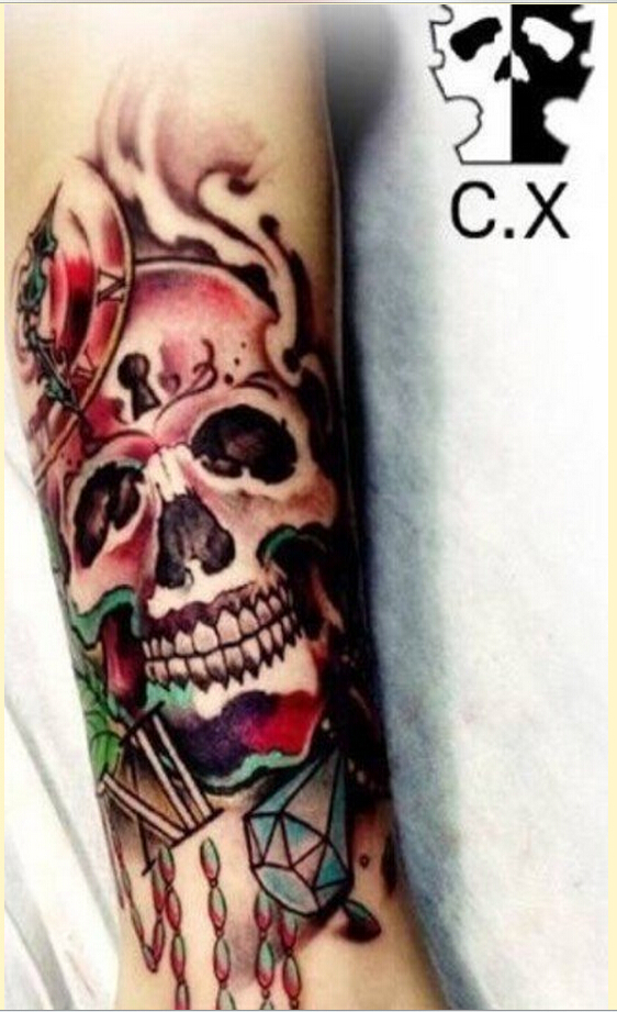 个性腿部欧美彩色骷髅钻石纹身图案图片