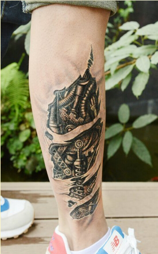 个性腿部时尚好看的3D机械纹身图案图片