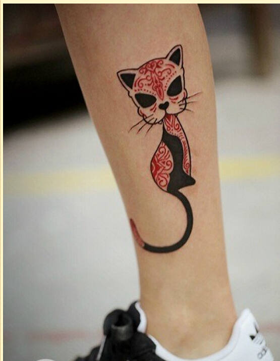 时尚腿部漂亮好看的彩色猫咪纹身图片图片