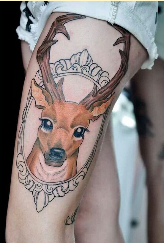 女性腿部好看的彩色羚羊纹身图案图片