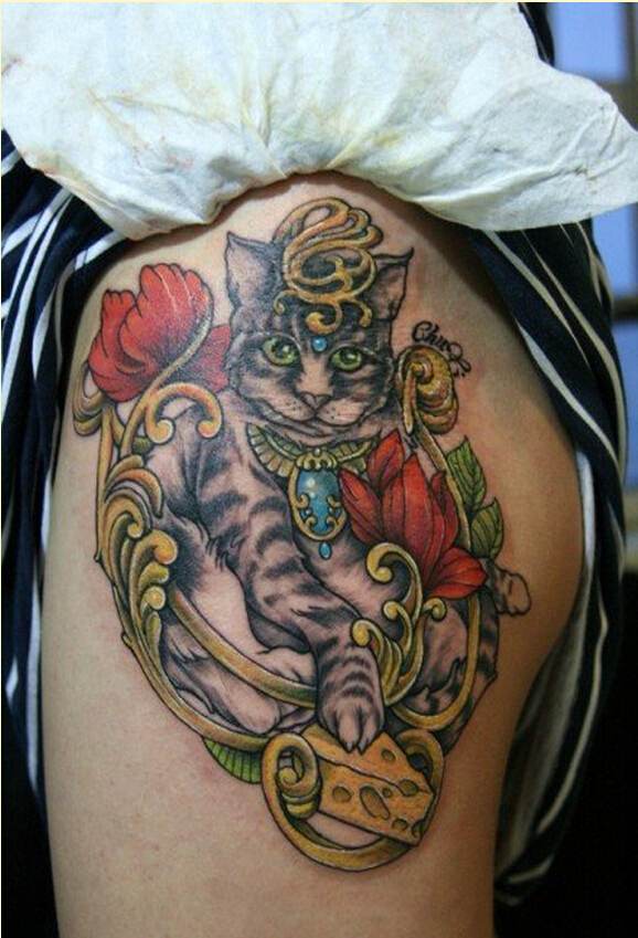 女性腿部漂亮好看的彩色猫咪纹身图案图片