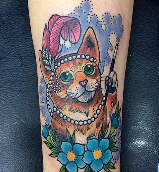 个性腿部时尚好看的彩色猫咪纹身图案图片