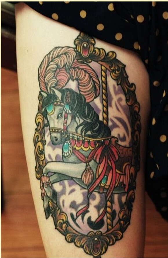 个性腿部时尚好看的彩色旋转木马纹身图片